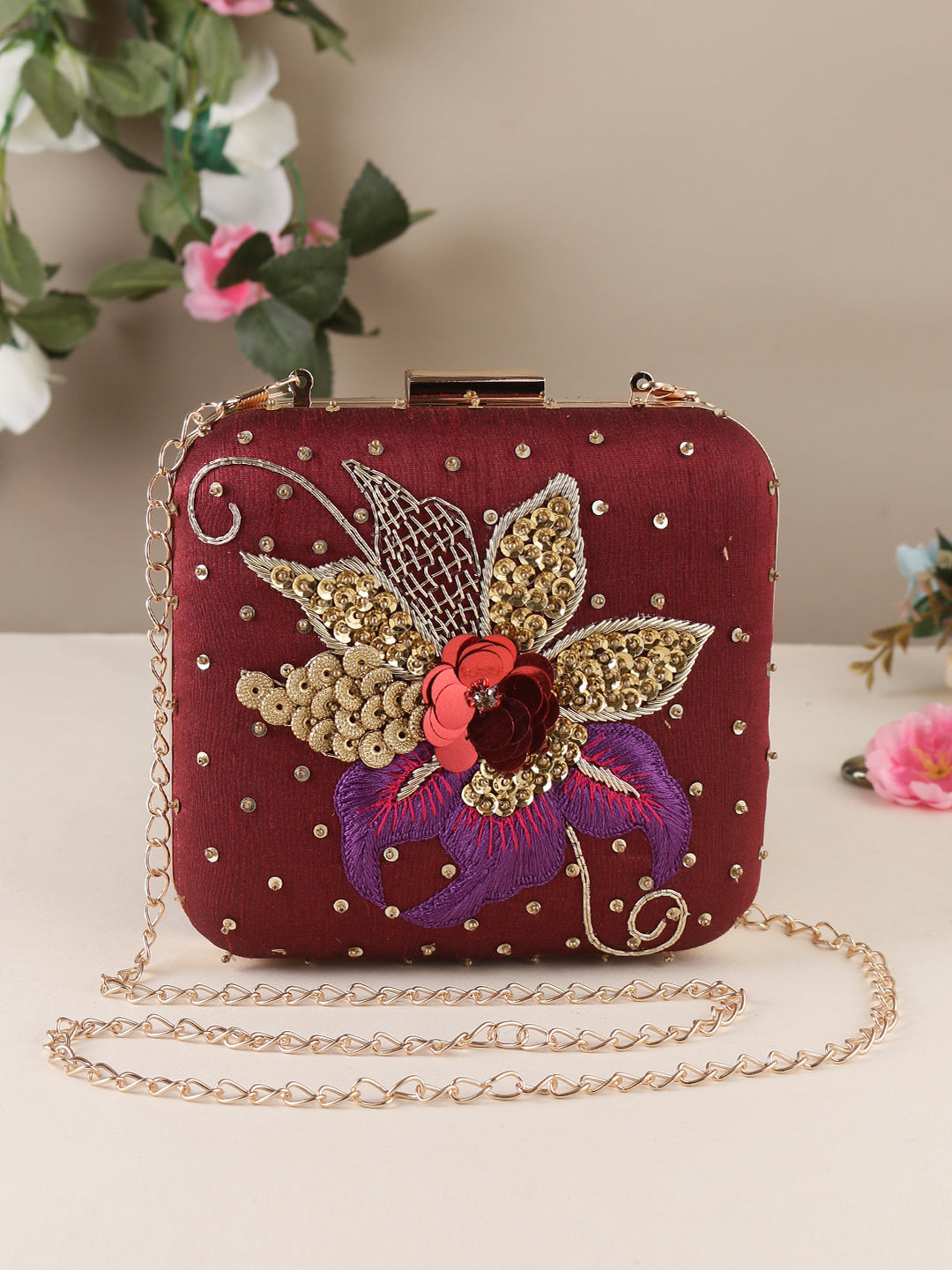 Swisni maroon embroidered clutch bag - Main Image