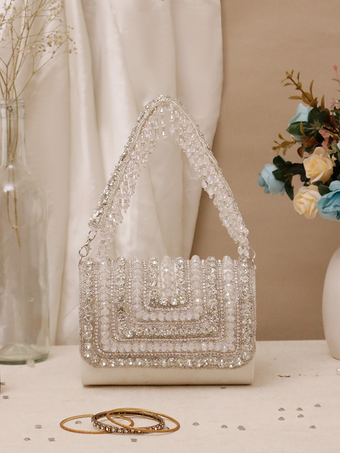 Swisni white crystal mini flap clutch bag - Main Image