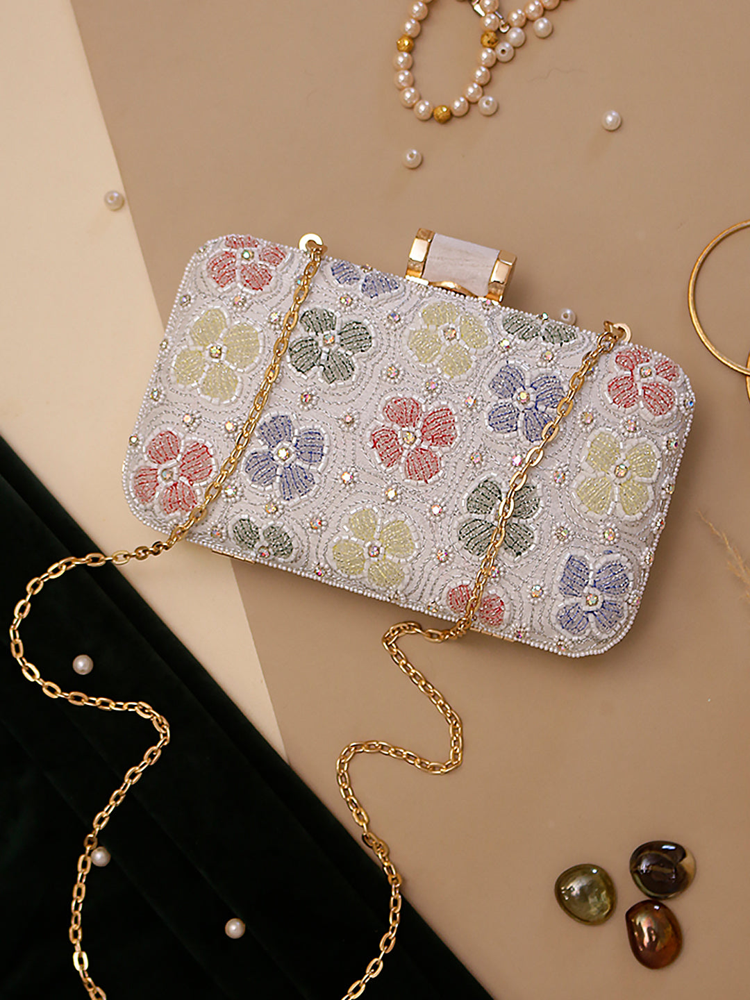 Swisni white embroidered clutch bag