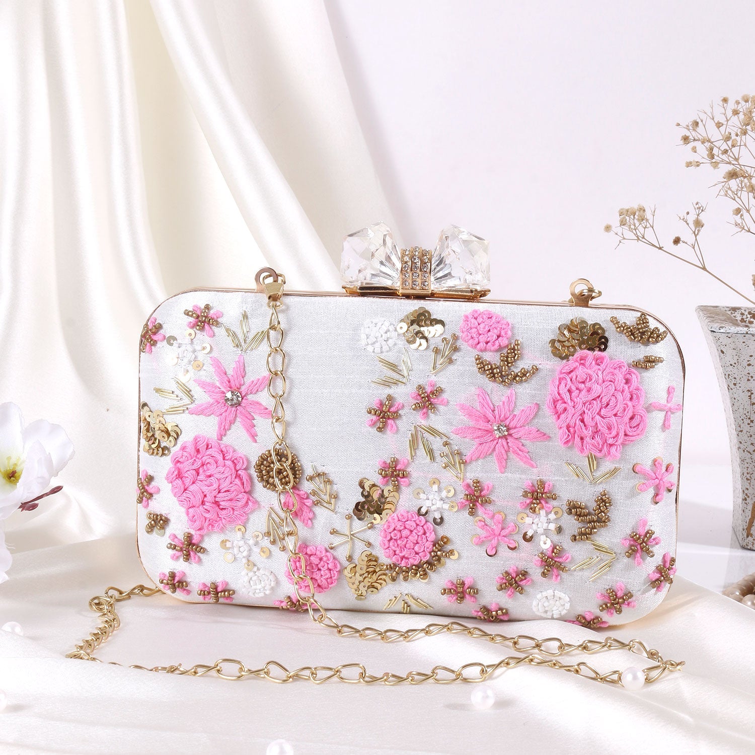 White thread embroidered clutch bag