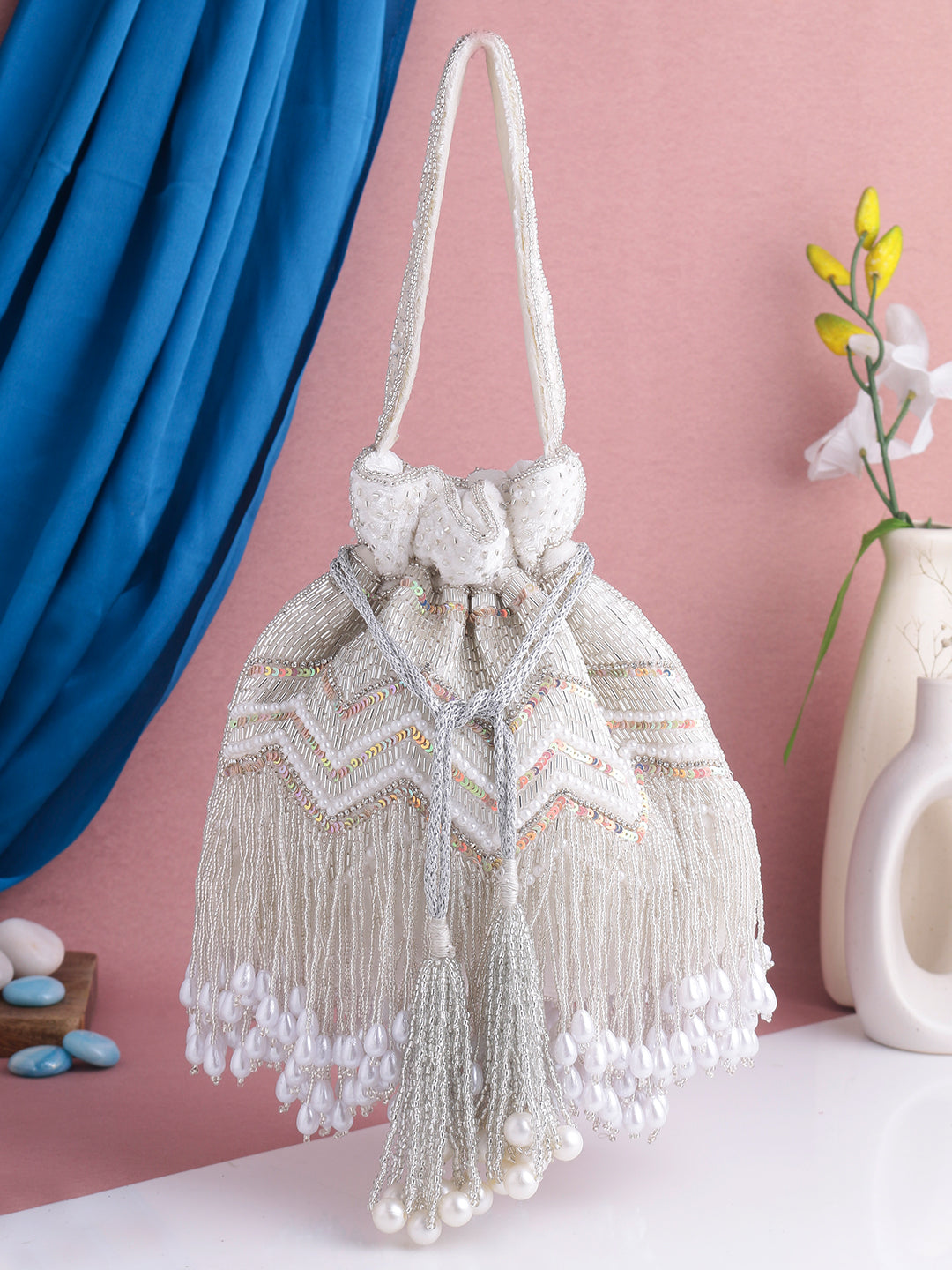 Swisni white luxury jhallar potli bag