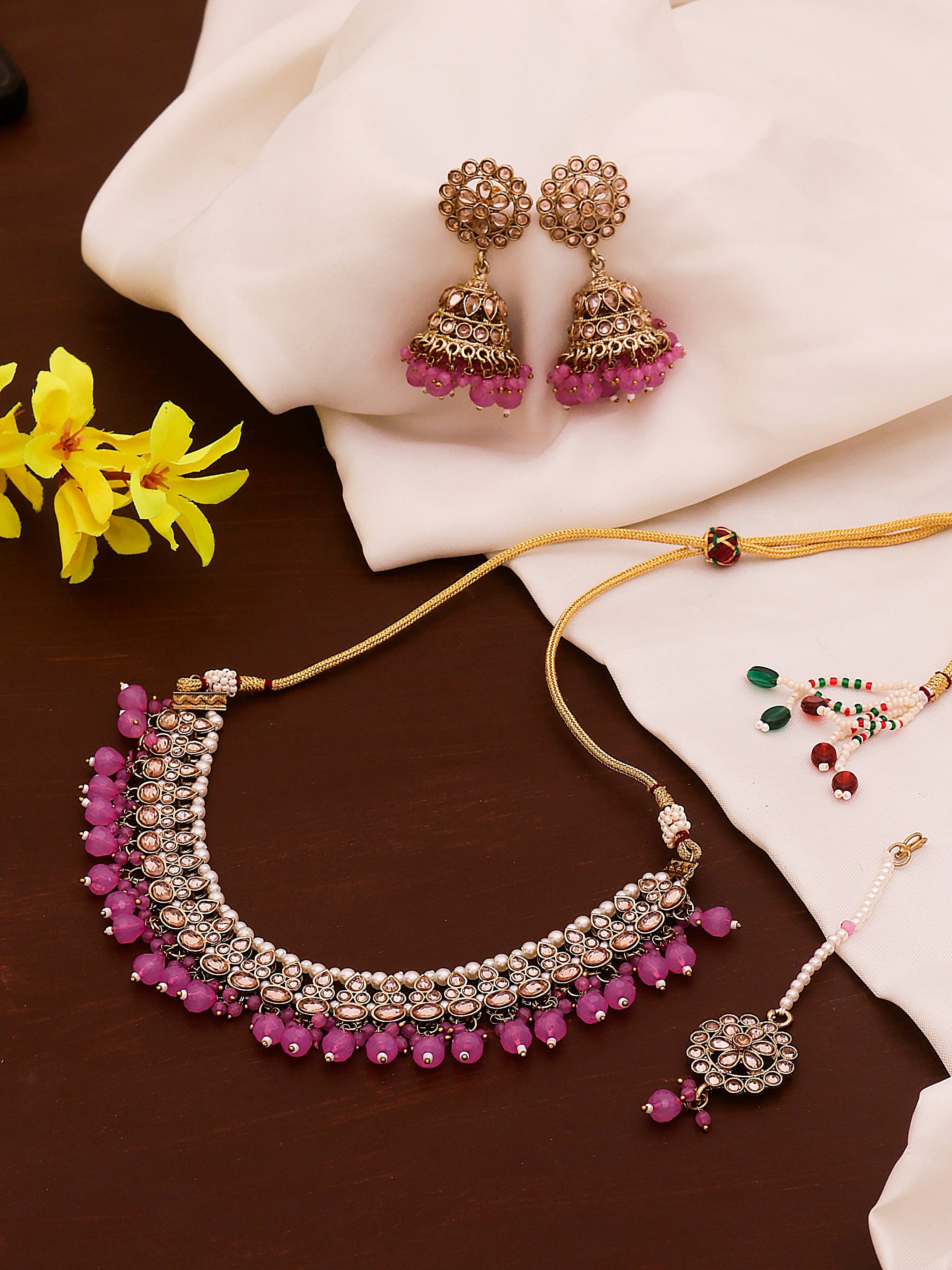 Swisni Alloy Golden Necklace, Earring, Maang Tikka Pink Beads Necklace