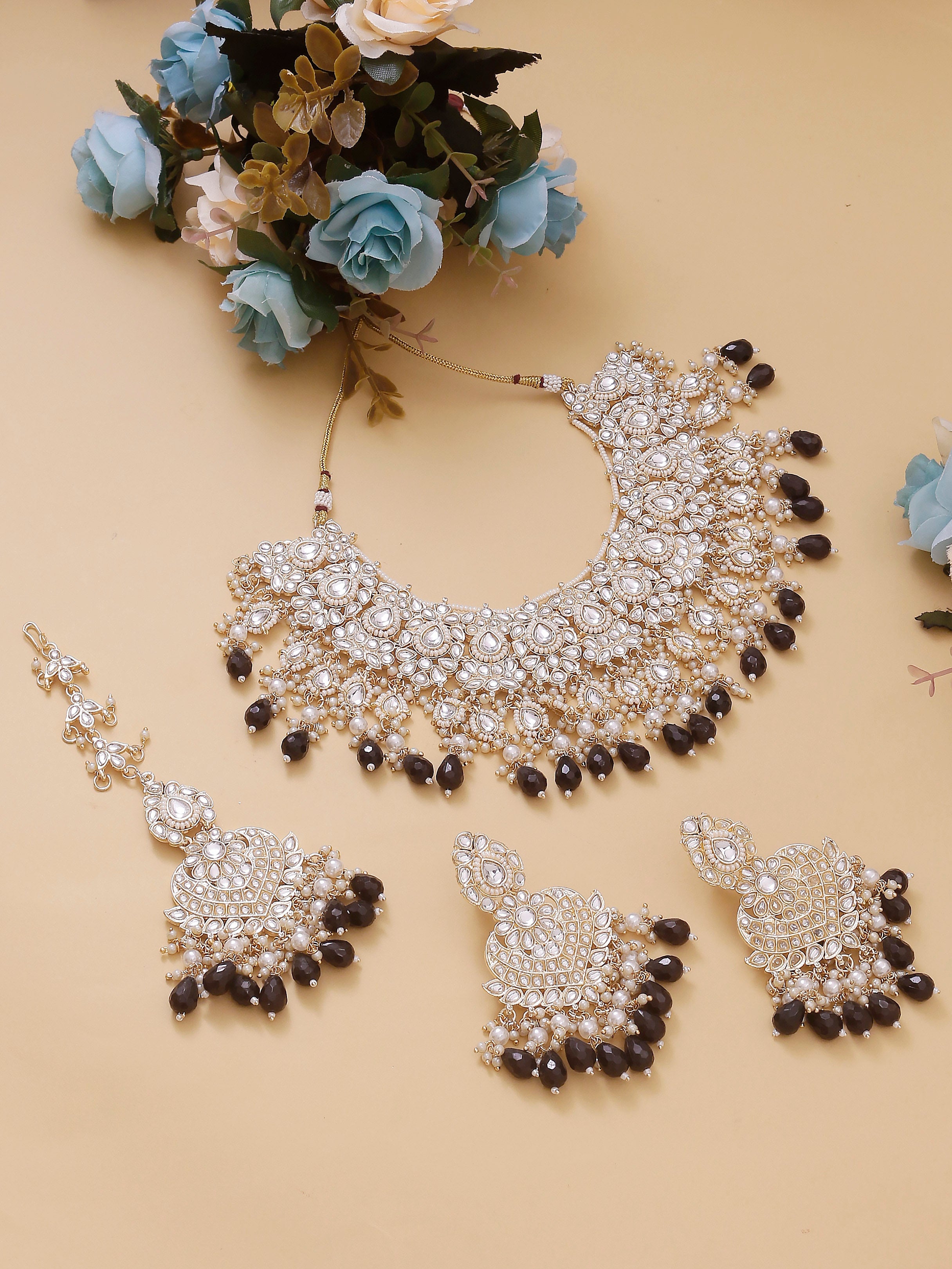 Swisni Alloy Golden, White Necklace, Earring, Maang Tikka White Beads