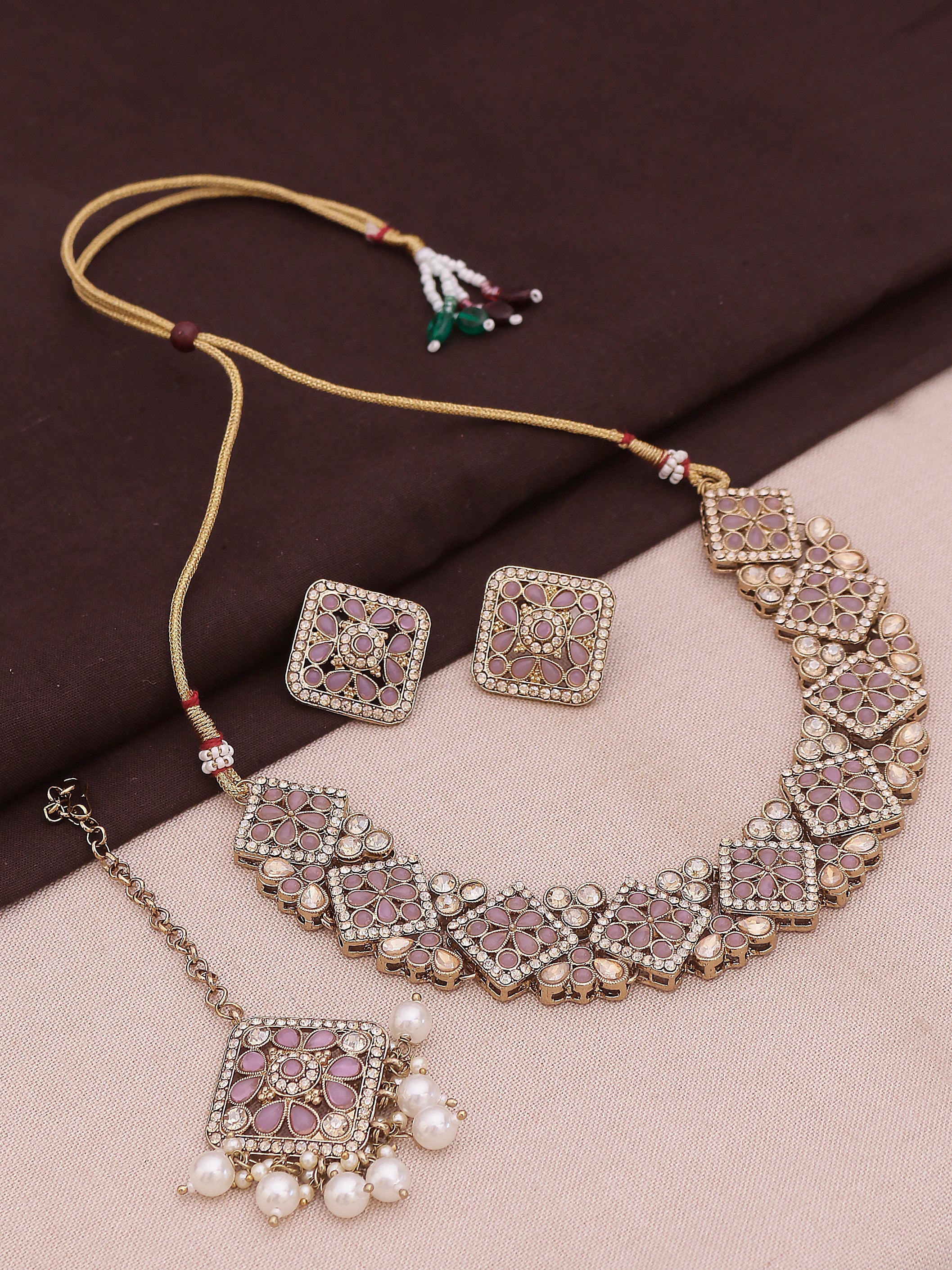 Necklace Earrings With Mangtika Set Rubans Royal Splendor 22K Gold
