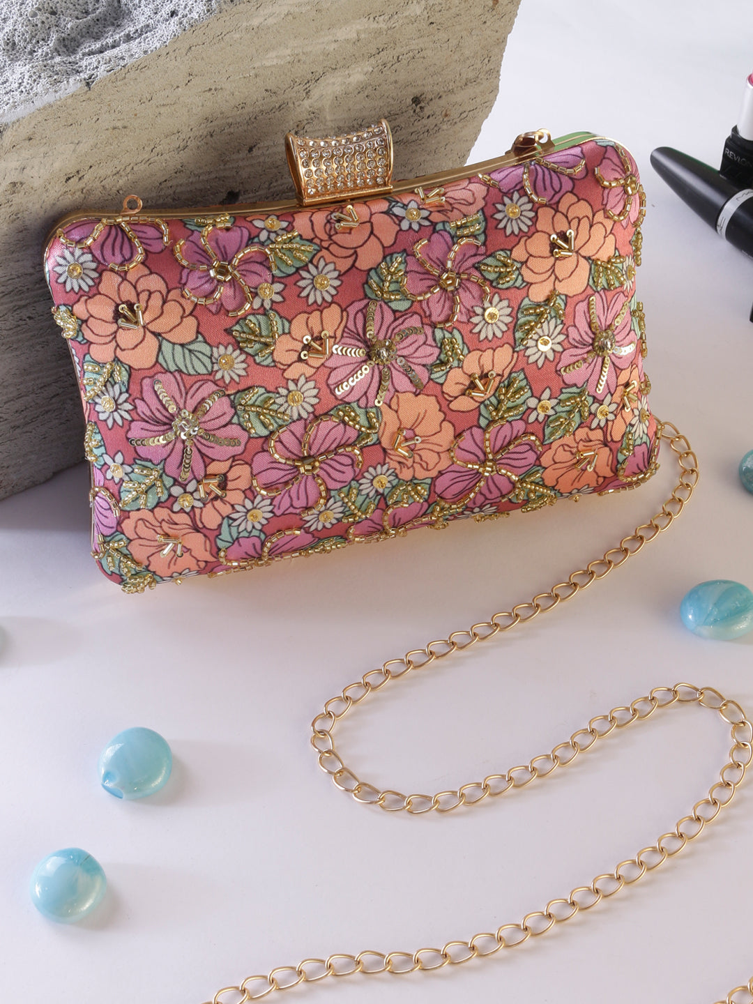 Swisni printed embroidered clutch bag