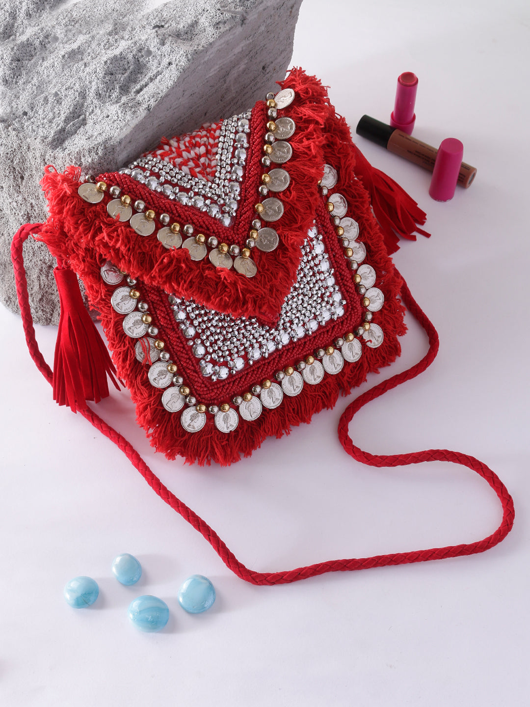 Swisni red mini banjara boho bag