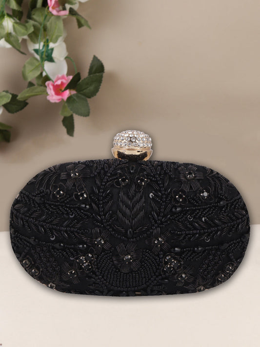 Swisni Black oval embroidered clutch bag