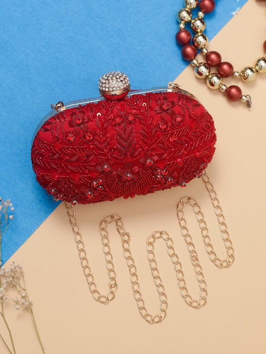 Swisni red oval embroidered clutch bag