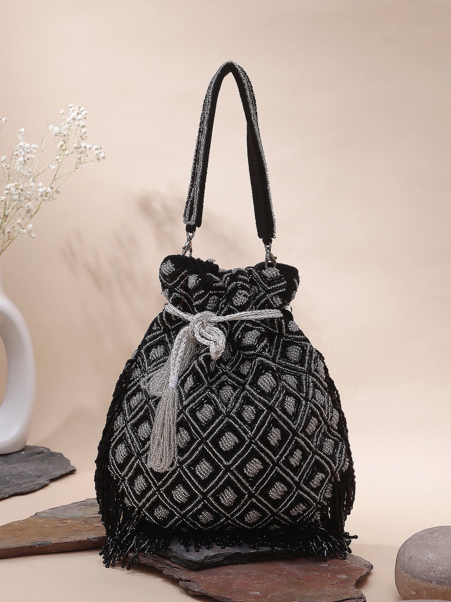 Swisni luxury black heavy embroiderd potli bag