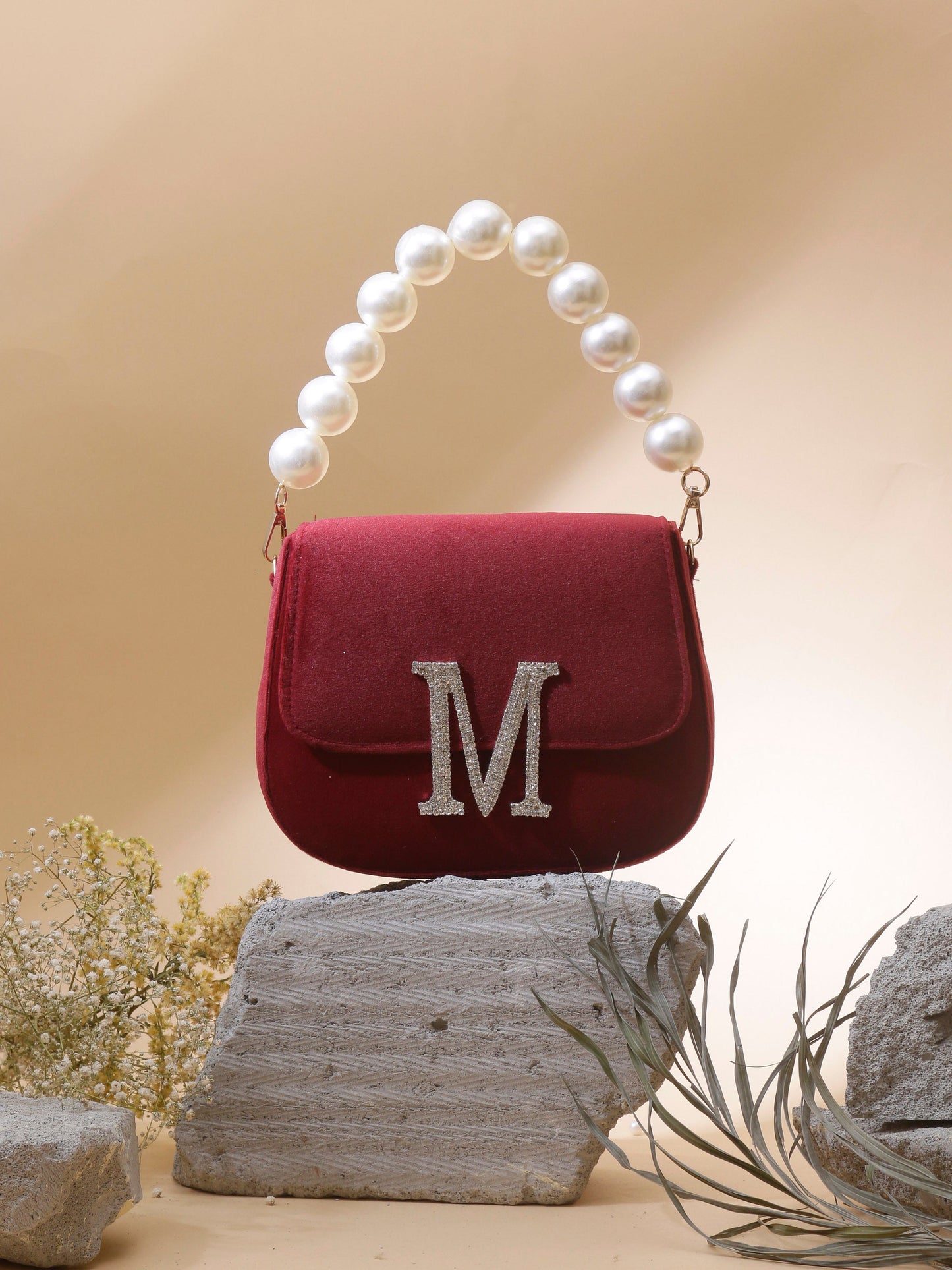 Swisni maroon monogram alphabet clutch bag