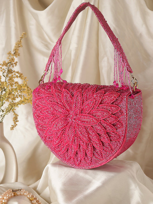 Swisni hot pink leaf embroidered clutch bag