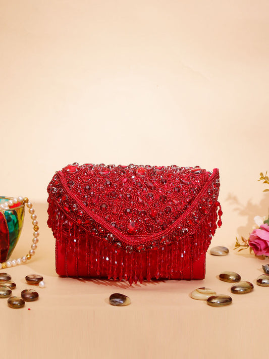 Swisni red crystal flap clutch bag