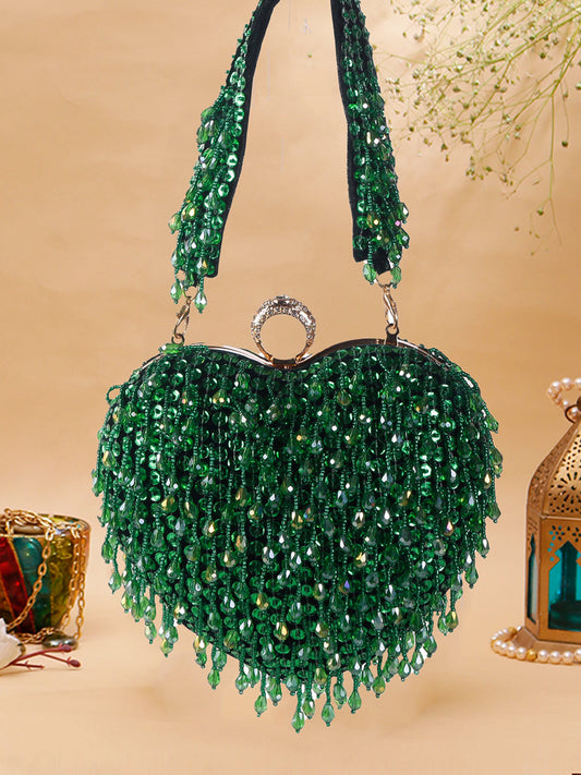 Swisni green crystal heart clutch bag