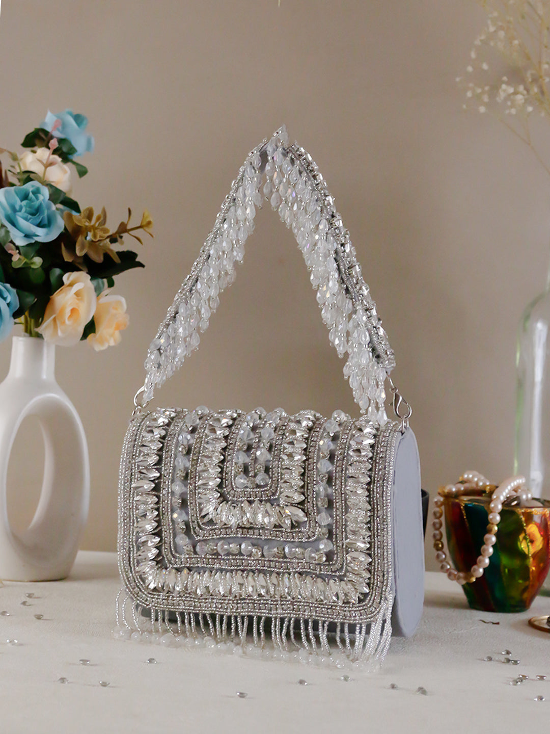 Swisni grey mini crystal clutch bag