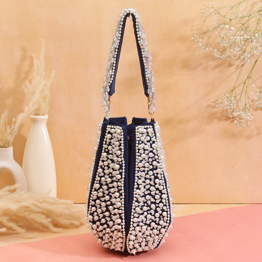 Swisni heavy blue pearl pomegrante style potli bag for party use