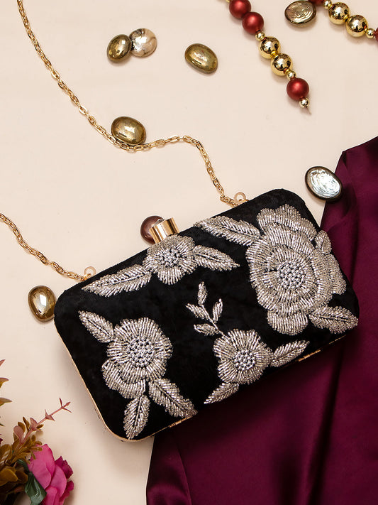 Swisni Silver embroidered black clutch