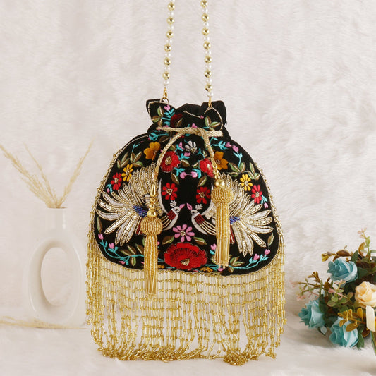 SWISNI BLACK VELVET PEACOCK POTLI BAG