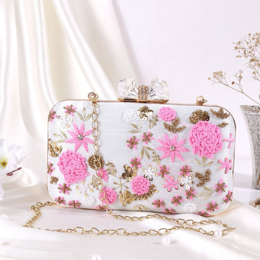 White thread embroidered clutch bag