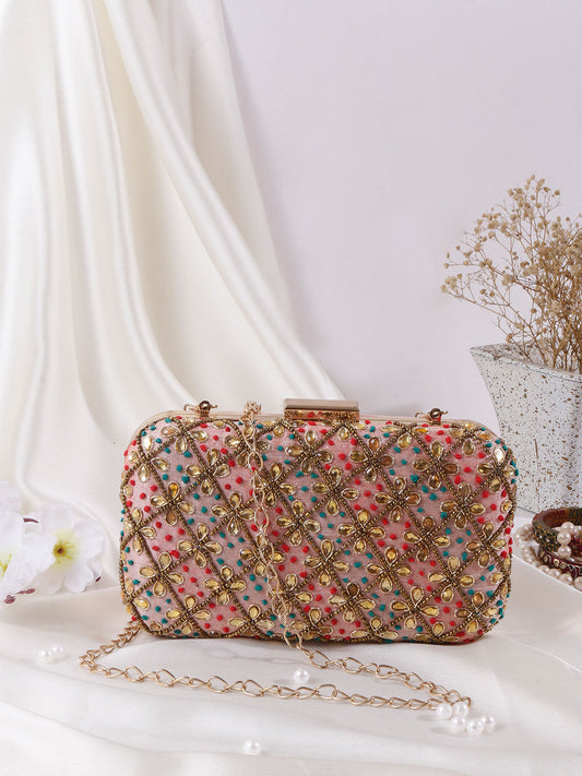 Embroidery Peach  Clutch Bag  For Women & Girls