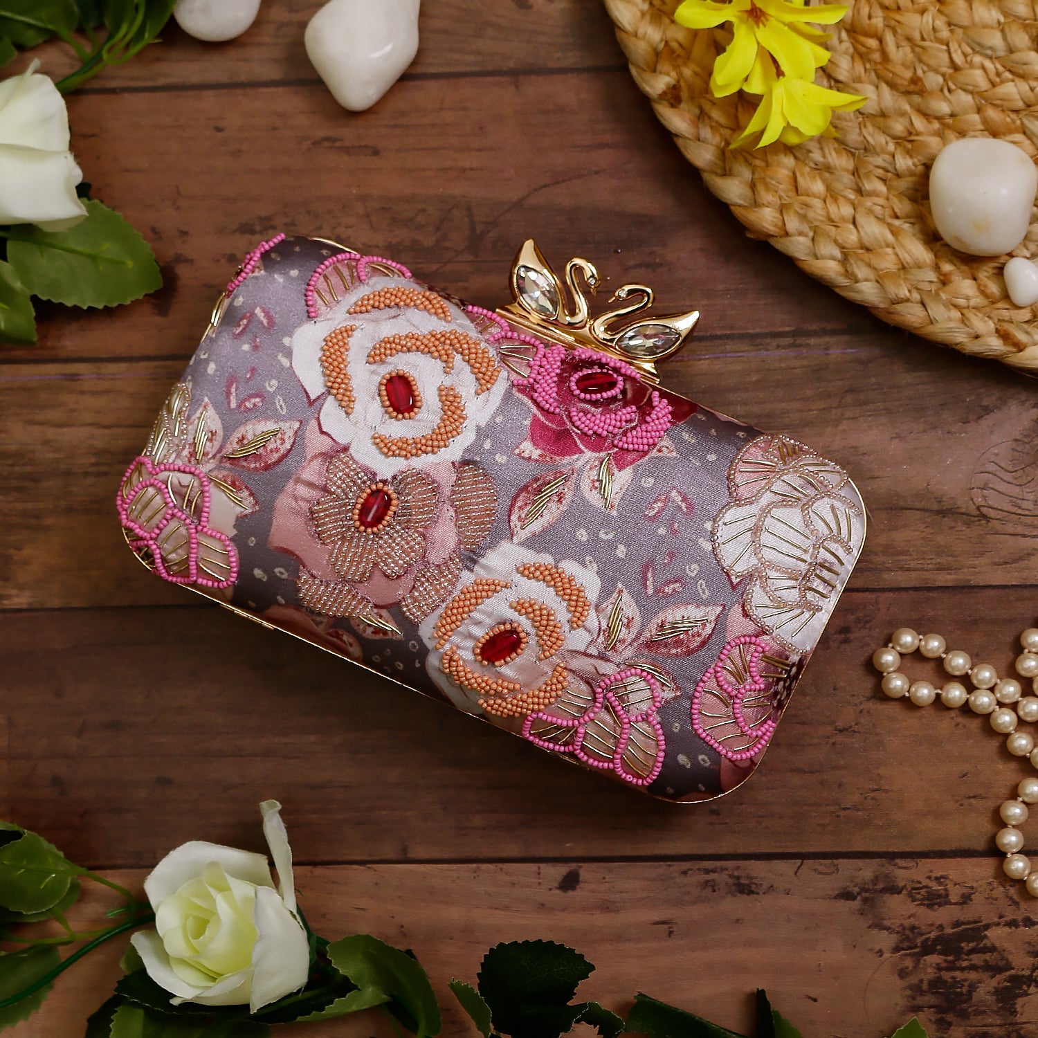 printed embroidery clutch