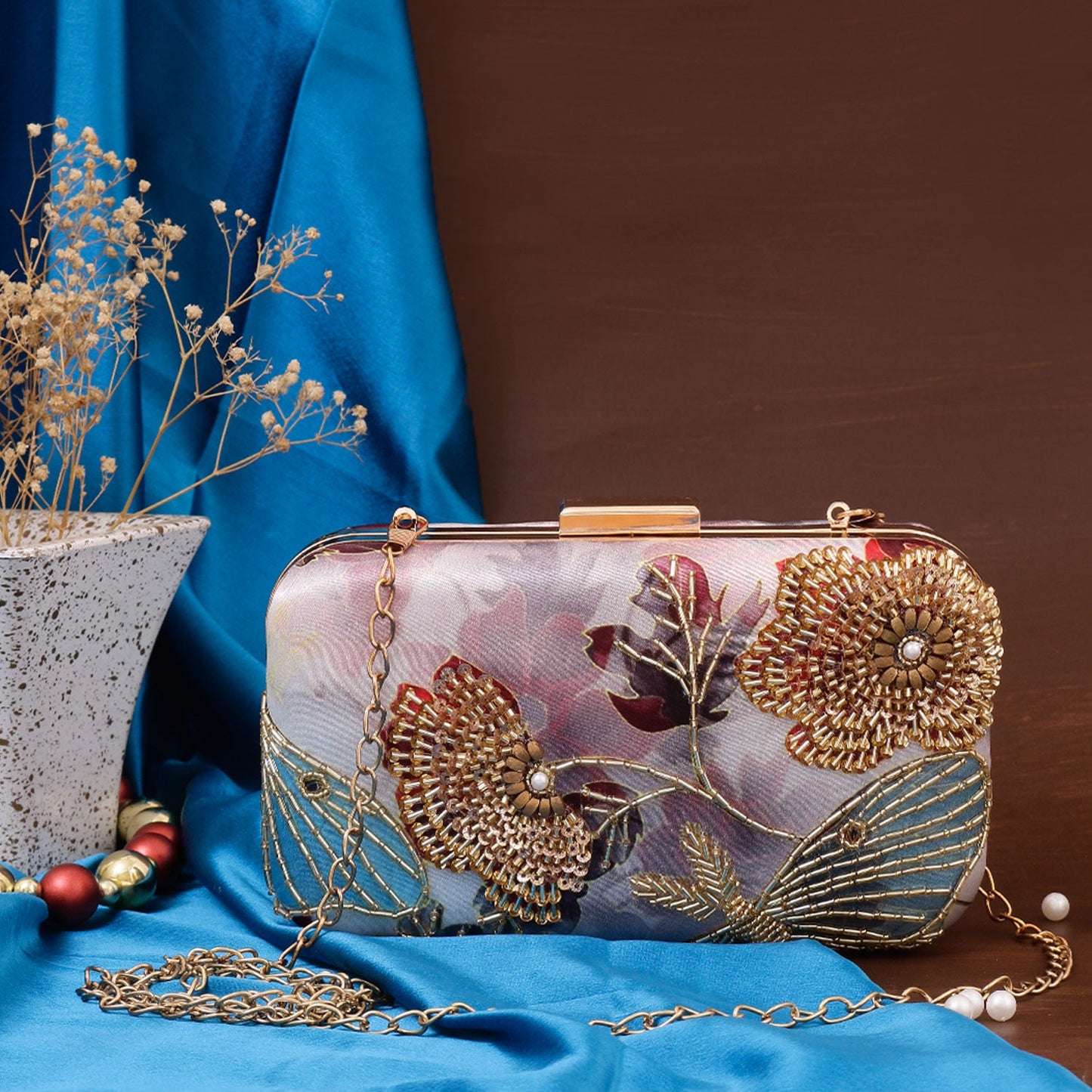 Swisni printed embroidered floral clutch bag