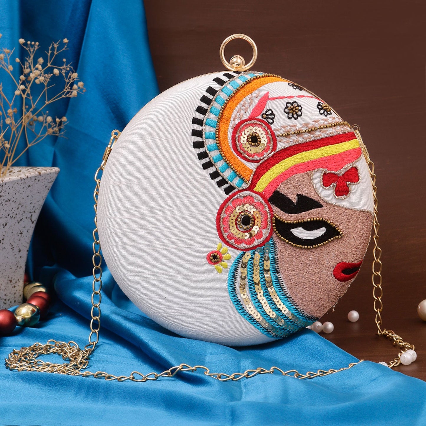 Kathakali Ethnic Embroidery Round White Clutch Bag  For Women & Girls