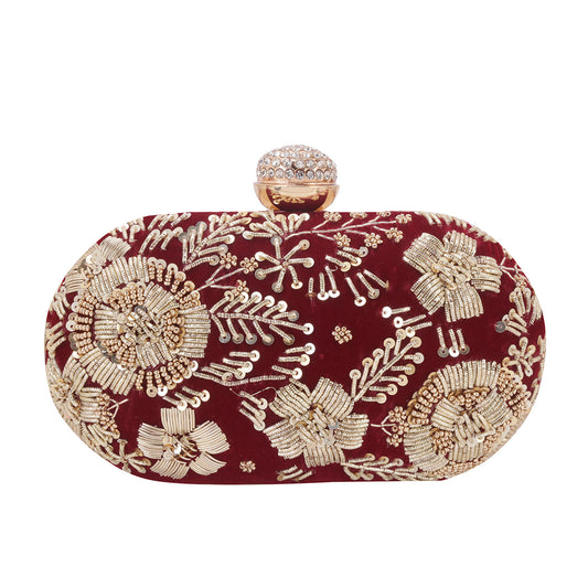 Handmade zardosi maroon oval clutch