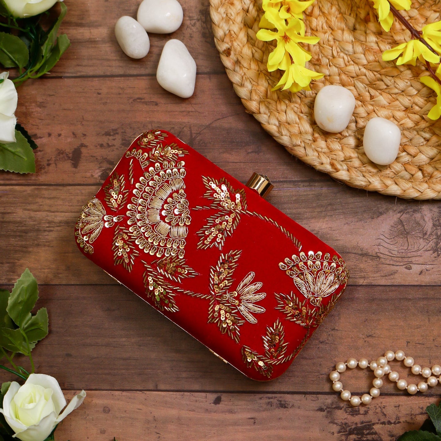 Swisni red embroidery clutch