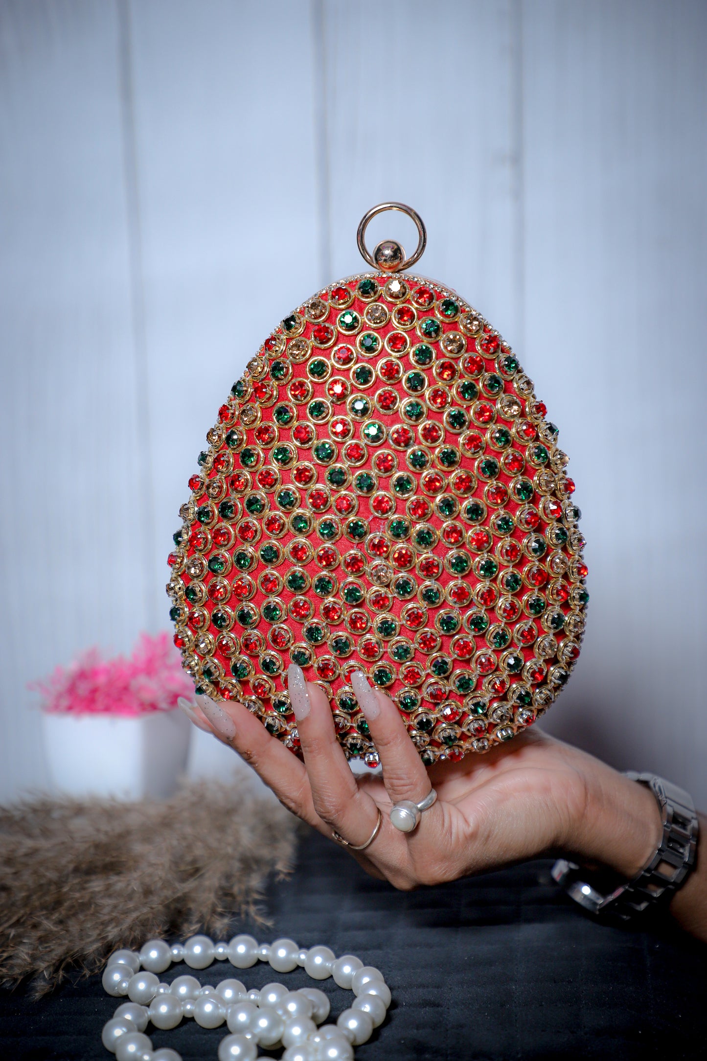 Red crystal egg shape designer clutch