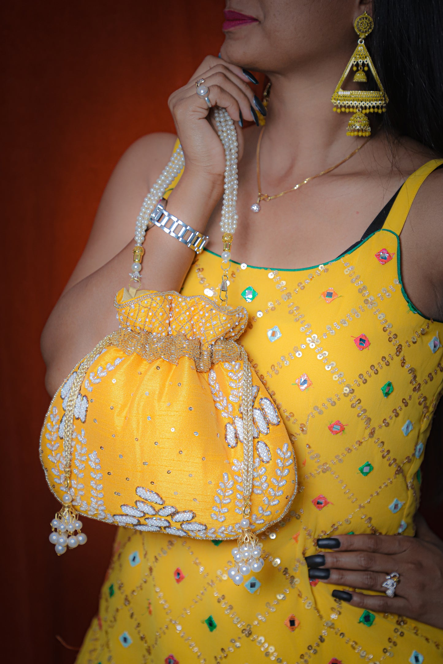 Handmade Embroidery Yellow Potli Bag