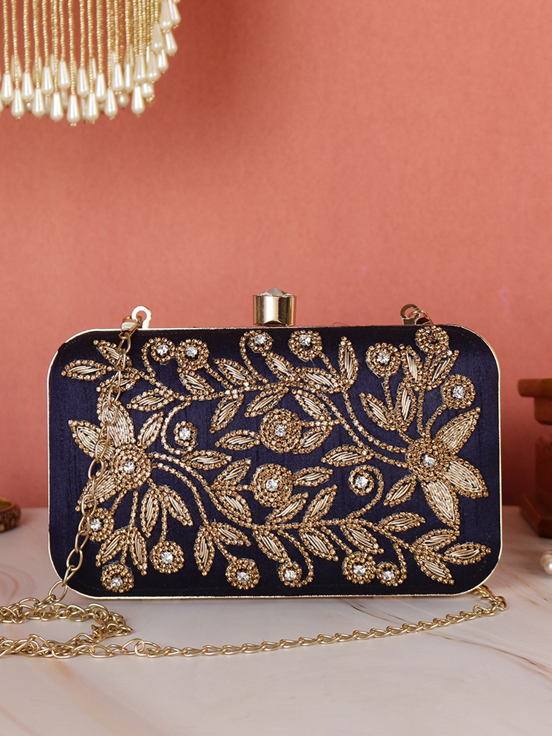 stylish blue embroidered clutch