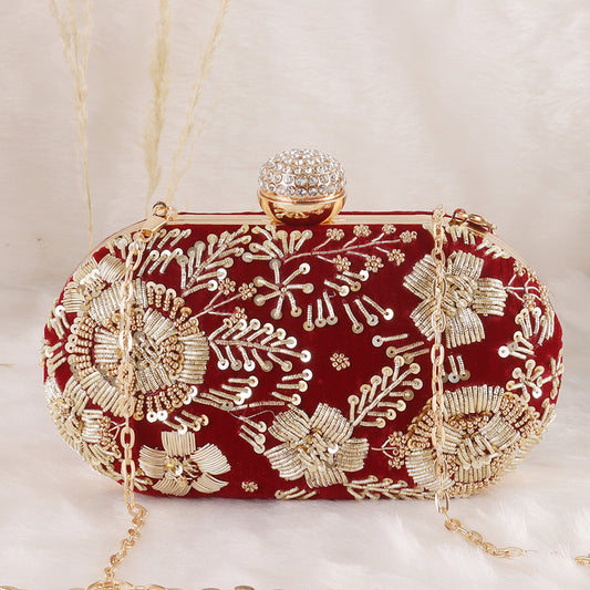 Handmade zardosi maroon oval clutch