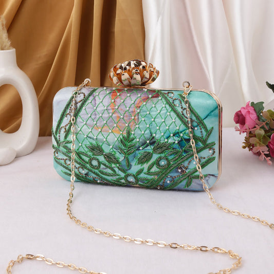 Swisni lotus knob embroidered clutch bag