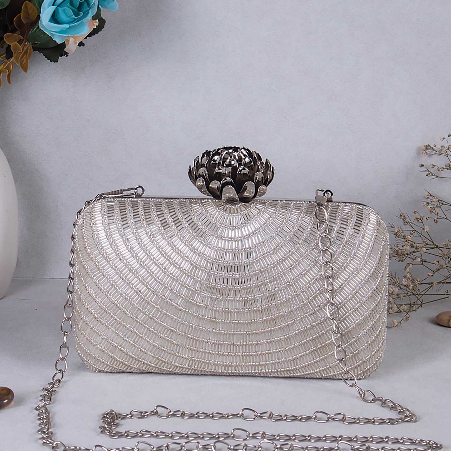 swisni silver embroidered clutch