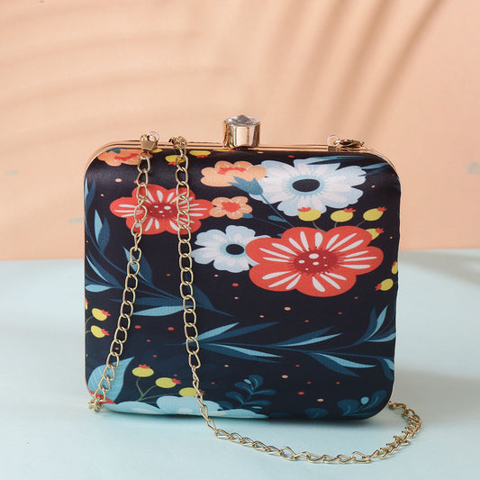 Daisy Satin Flowery Digital Print Square Box Clutch  for Women & Girls