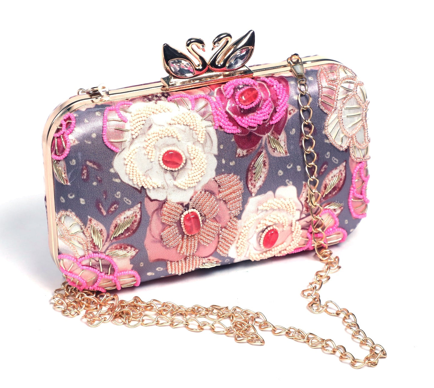 Swan lock printed embrodiered clutch bag