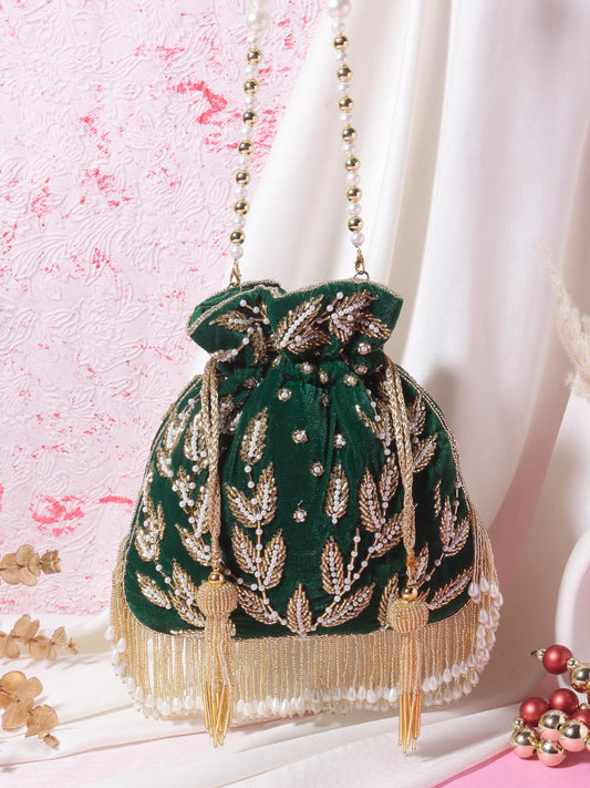 Swisni green velvet potli bag