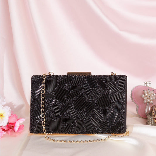 Black Cutdana Work Rectunglar  Clutch Bag  For Women And Girl