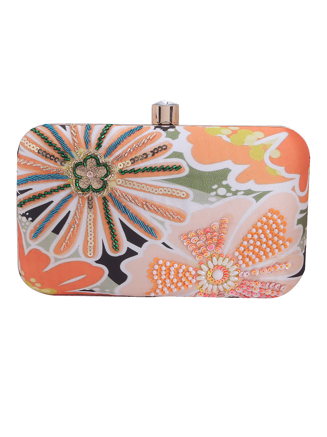 Swisni orange floral printed embridered clutch