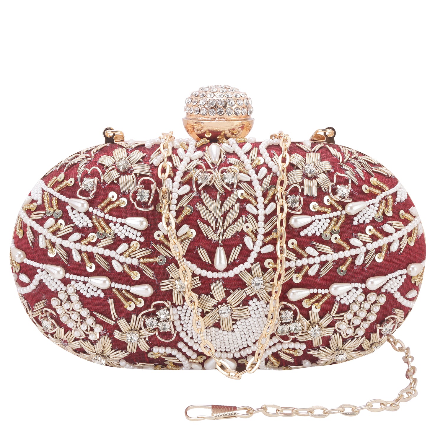 Softy embroidered silk maroon oval clutch