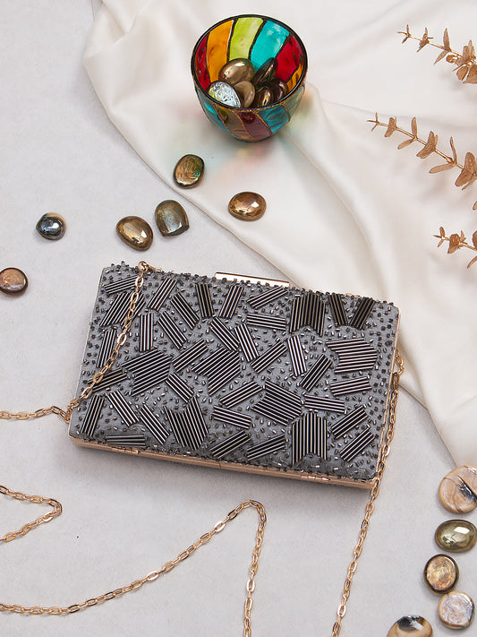 Swisni grey embroidered clutch