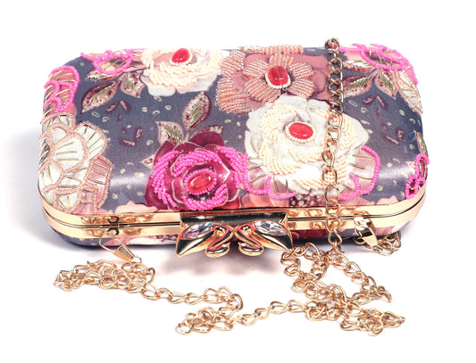 Swan lock printed embrodiered clutch bag