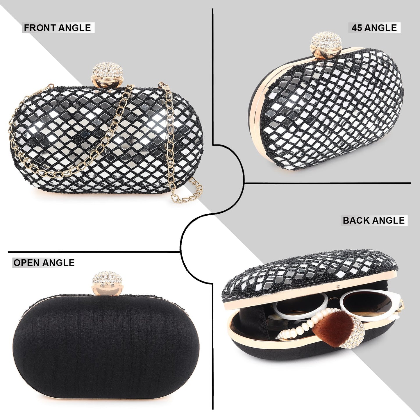 Black oval embroidered clutch bag