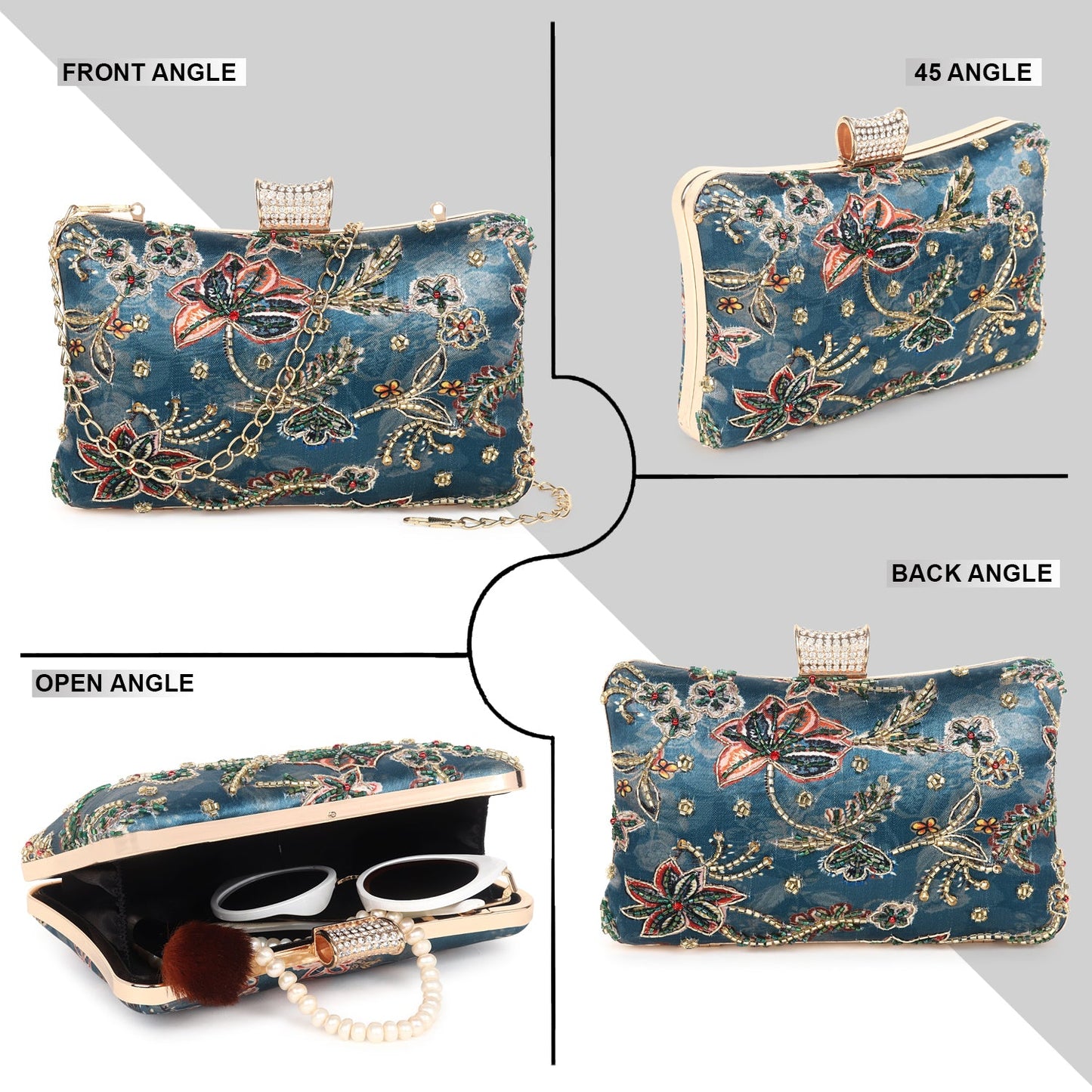 Printed embroidered clutch bag