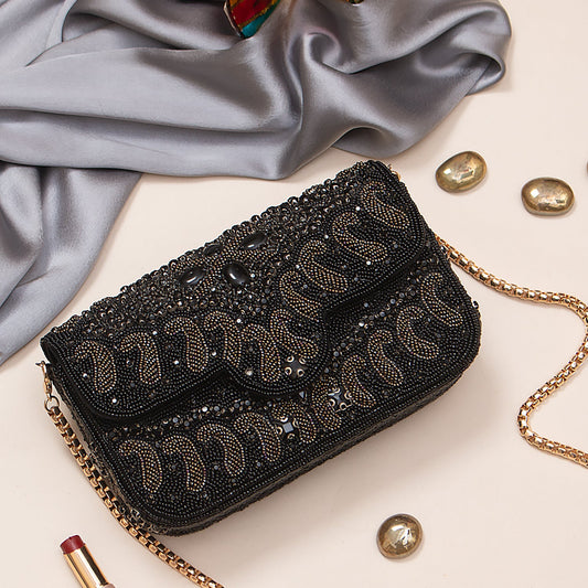 Swisni embellished balck flap clutch