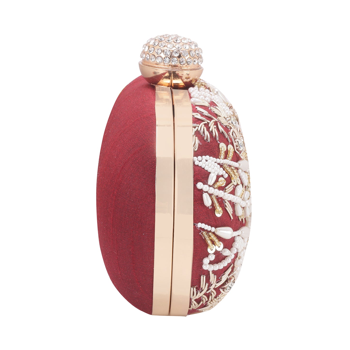 Softy embroidered silk maroon oval clutch