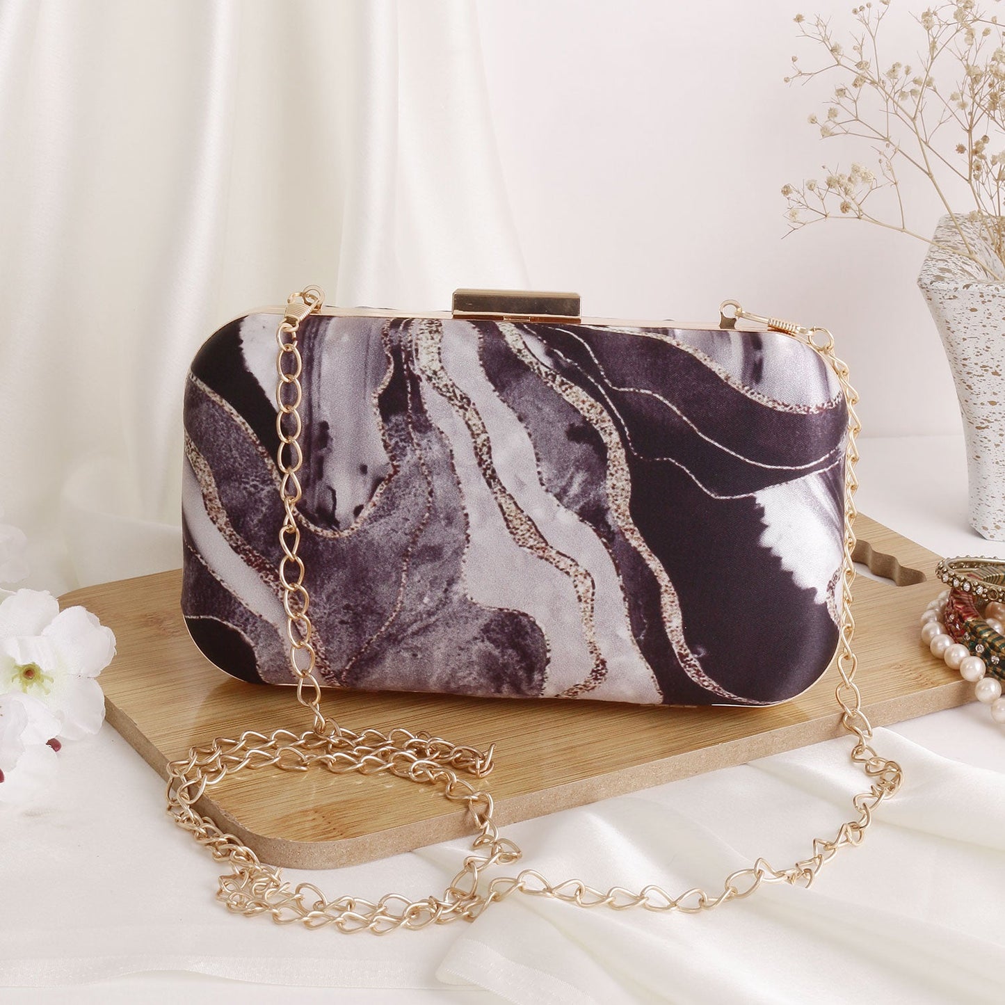 Black grey abstract printed clutch bag