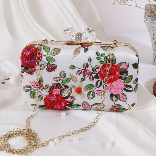 Wonderful red-white floral prints touch with embroidery clutch