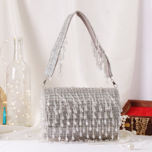 Swisni grey crystal flap clutch