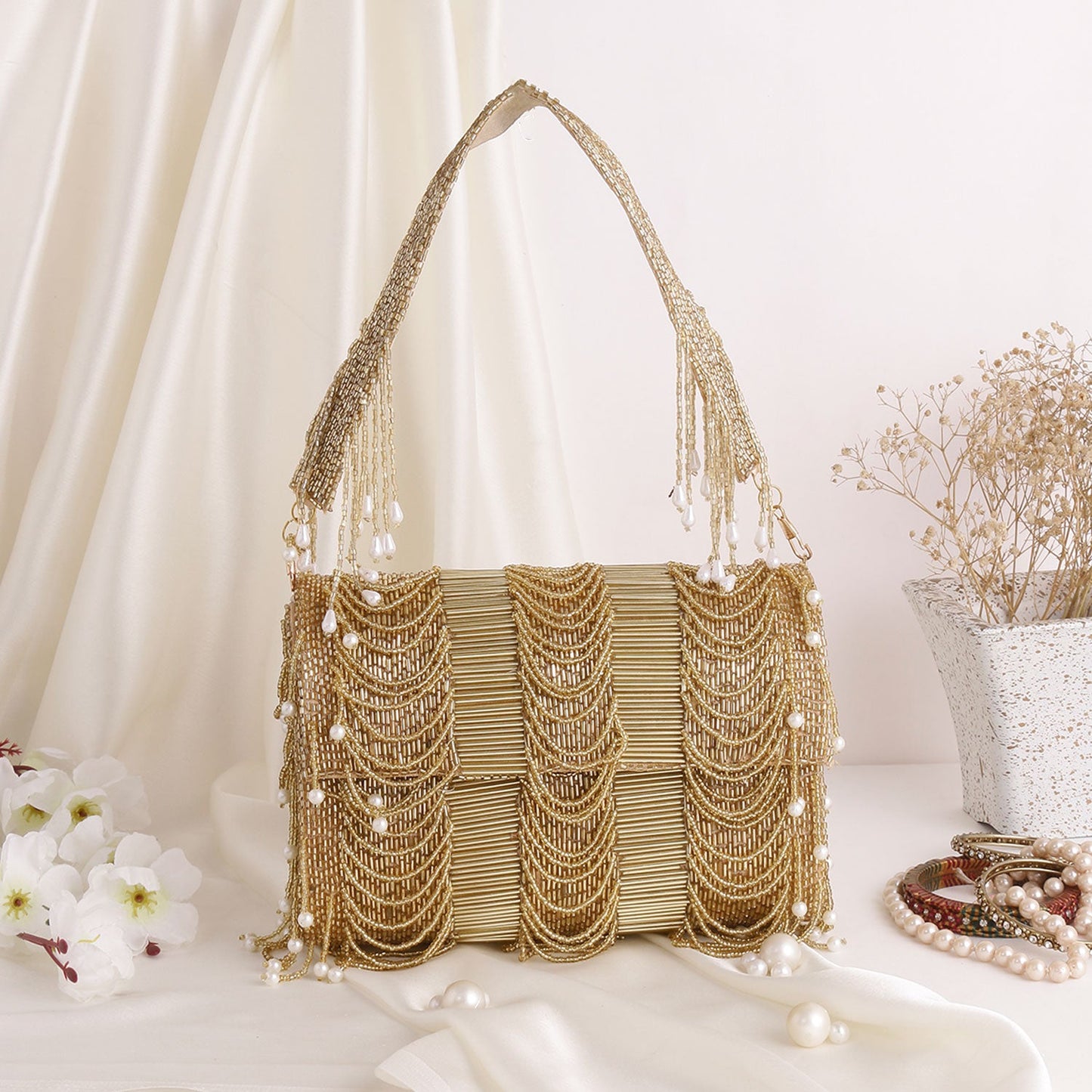 Stylish Allover Golden Work Flap Clutch Bag For Party , Wedding